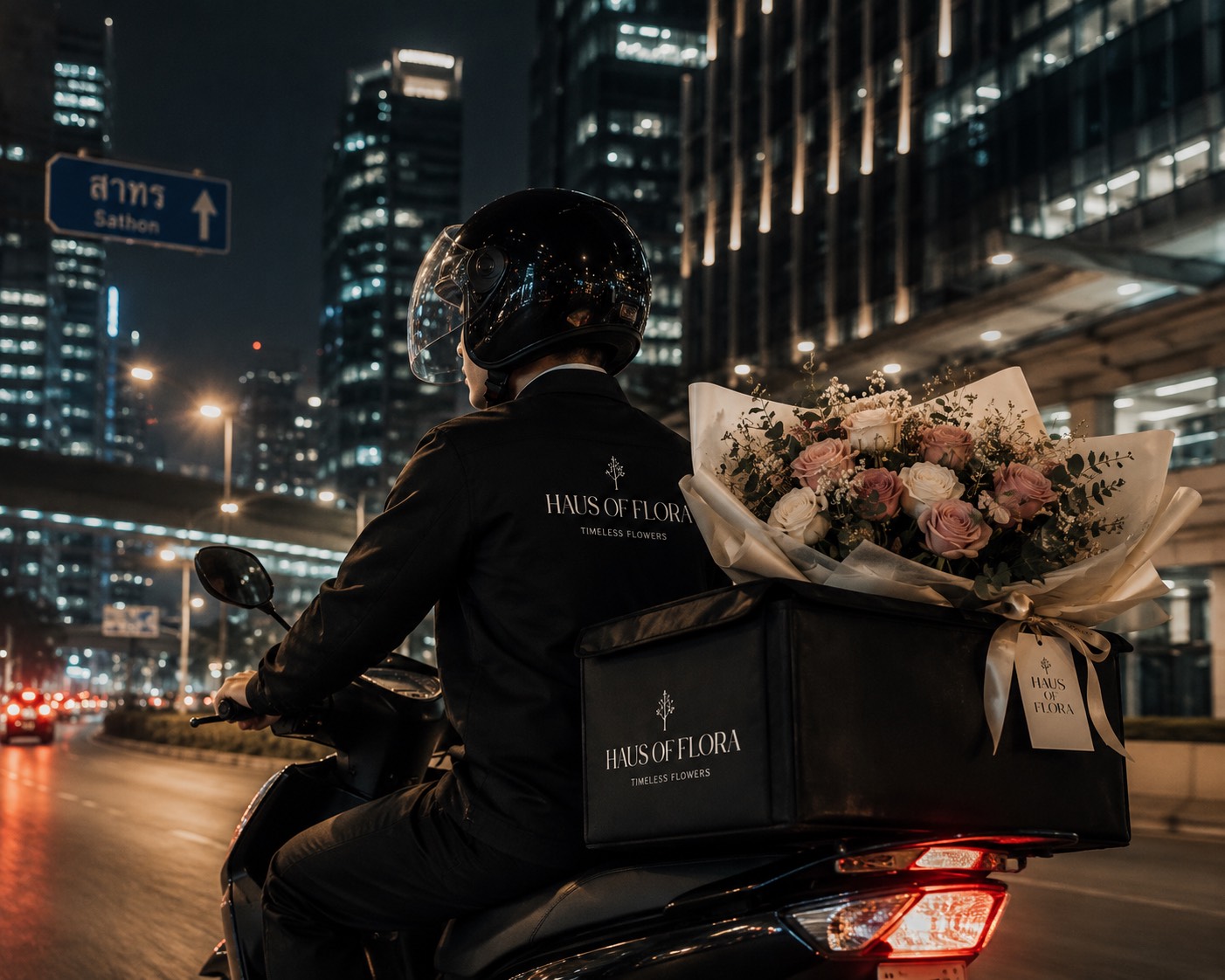 พนักงานส่งดอกไม้บนมอเตอร์ไซค์ในเมือง